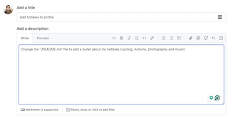 A screenshot of a new issue page with an issue to add a new section with my hobbies in the documentation