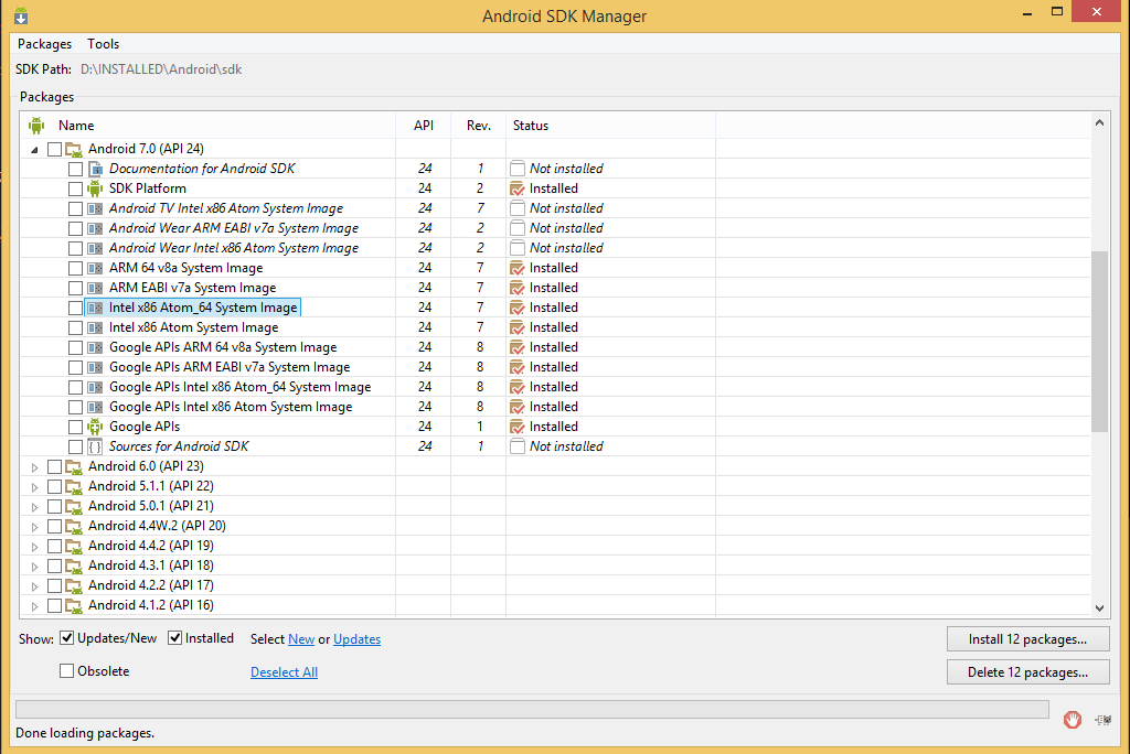 Installed AVDs for API 24 in Andrid SDK