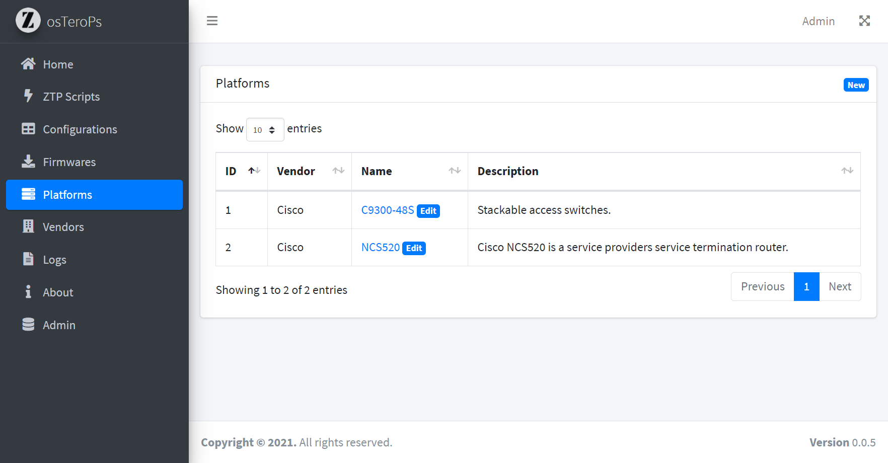 Platforms' list