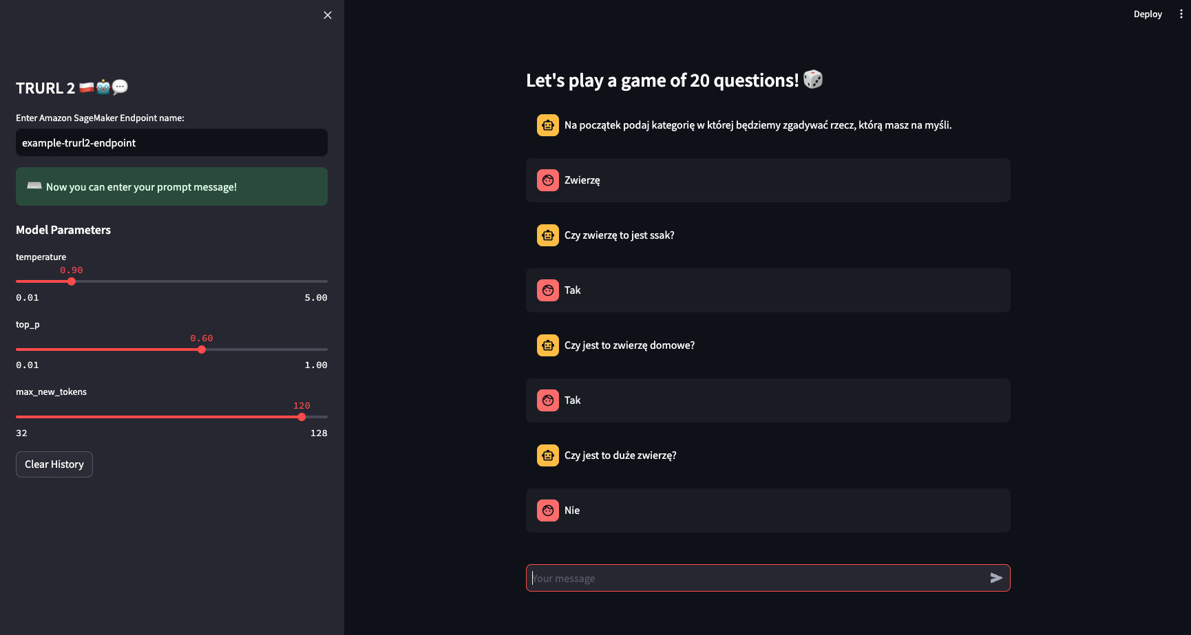 Final user interface in Streamlit with a sample '20 questions' conversation - this time he won! :(