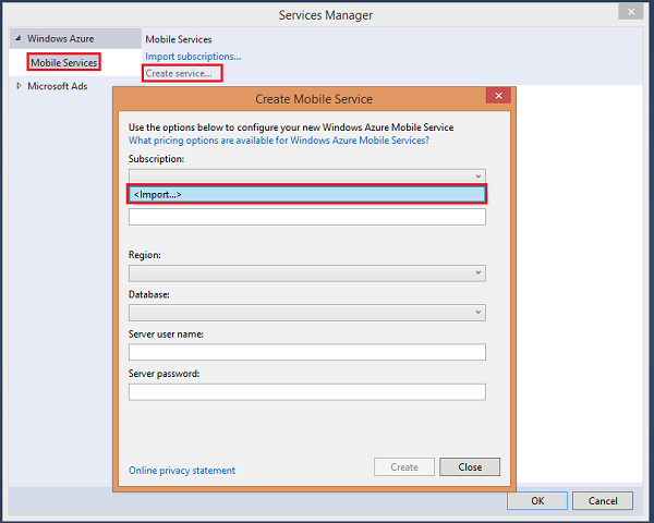 create a new mobile service from VS 2013