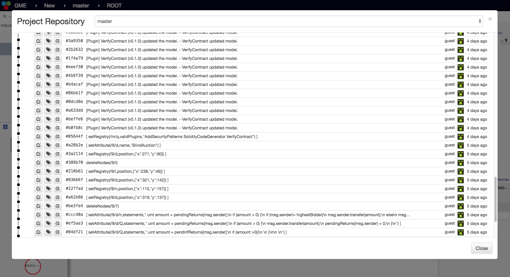 Project history view with branching and tagging