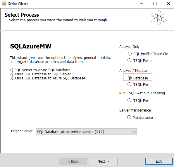 SQL Database Migration wizard - Select Process