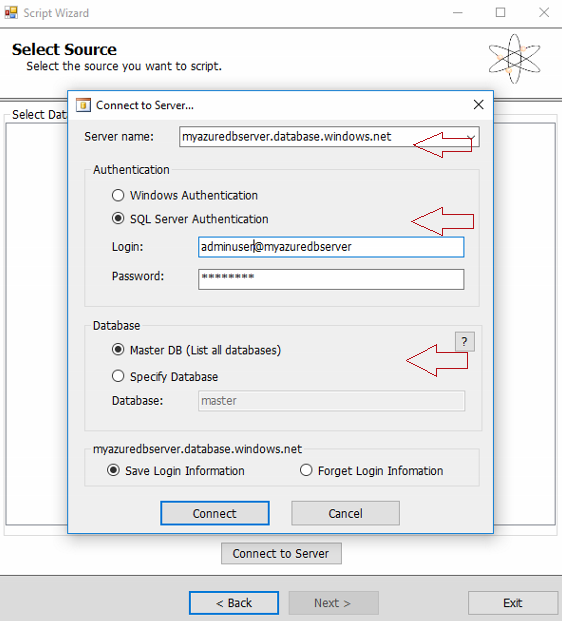 SQL Database Migration wizard - Select Source - step 1