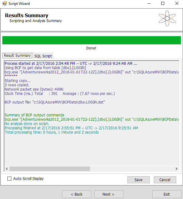 SQL Database Migration wizard - Results Summary