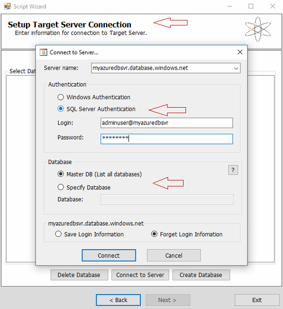 SQL Database Migration wizard - Setup Target Server Connection