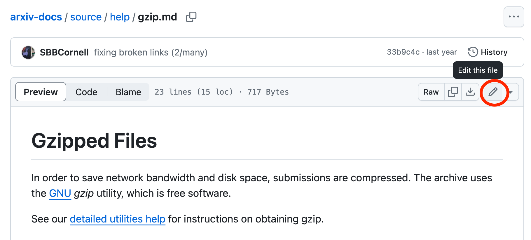 Screenshot of a page in Github and the location of the edit icon