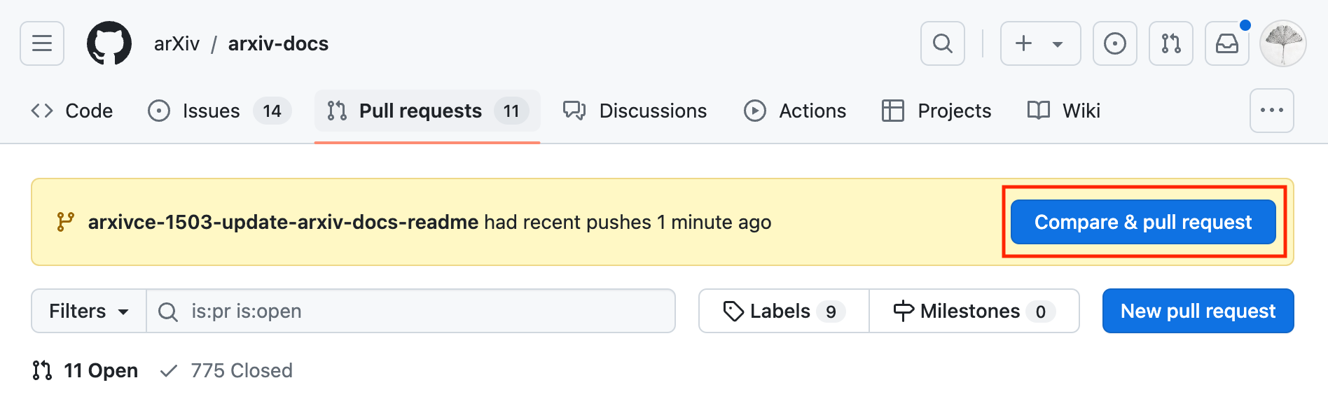 Screenshot how to compare changes in the pull request in github