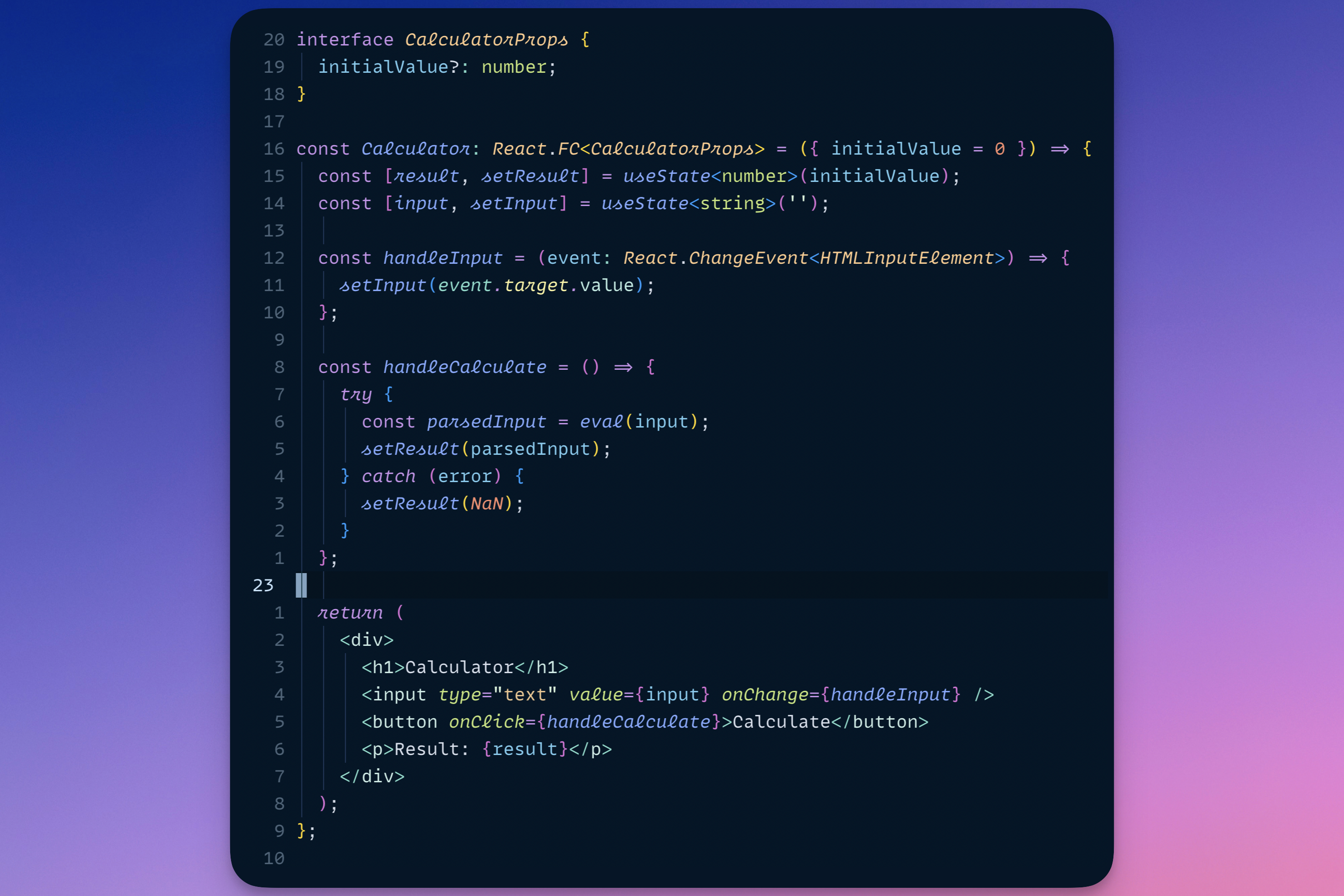 TypeScript code with Night Owl syntax highlighting on