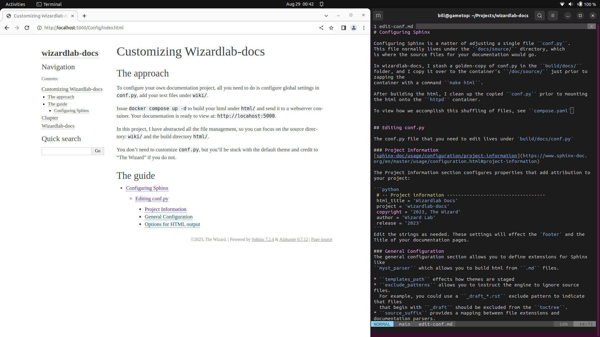 Screenshot of creating documentation pages with wizardlab-docs