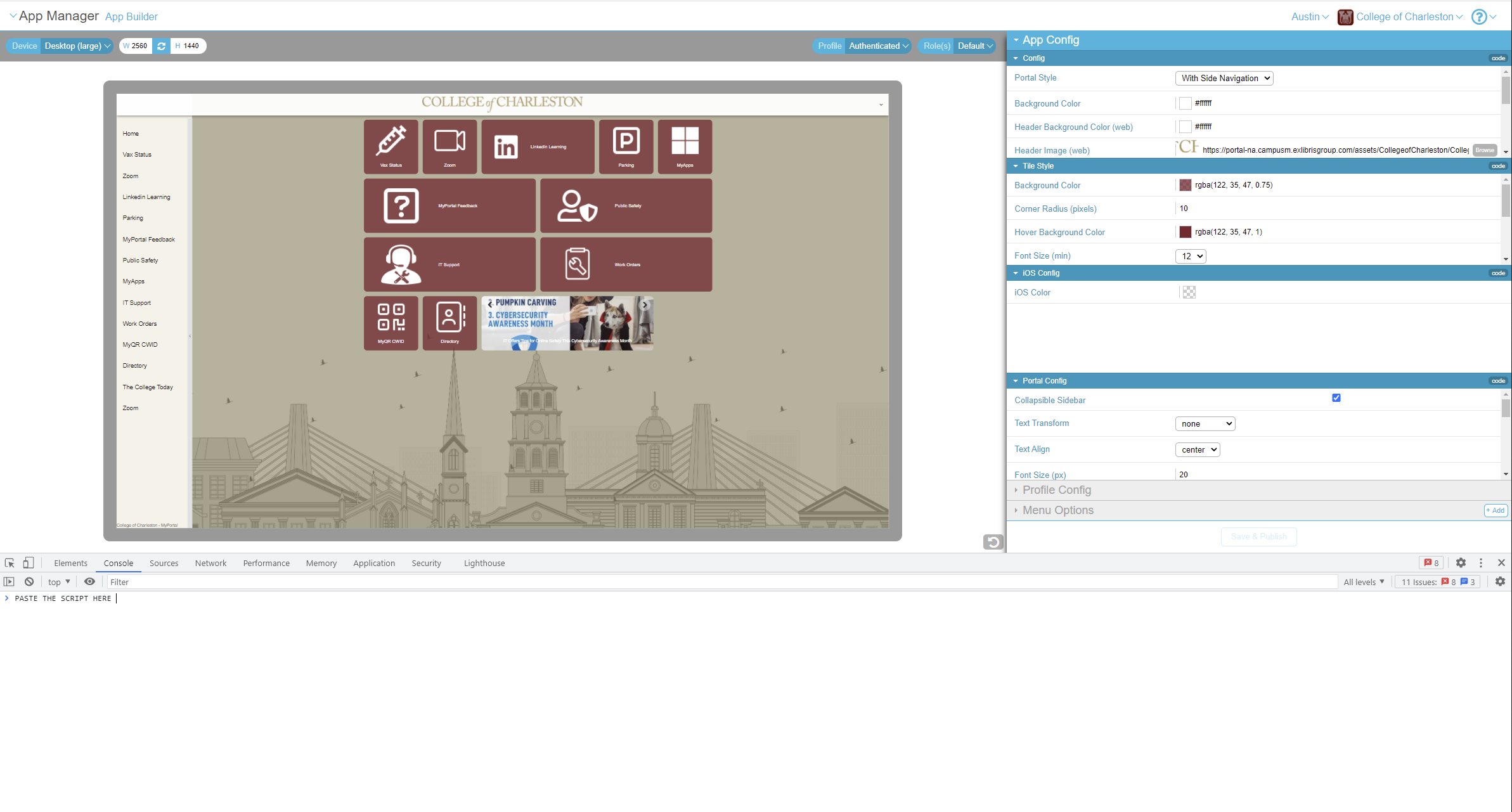 CampusM App Builder with Console Open in Browser Dev Tools