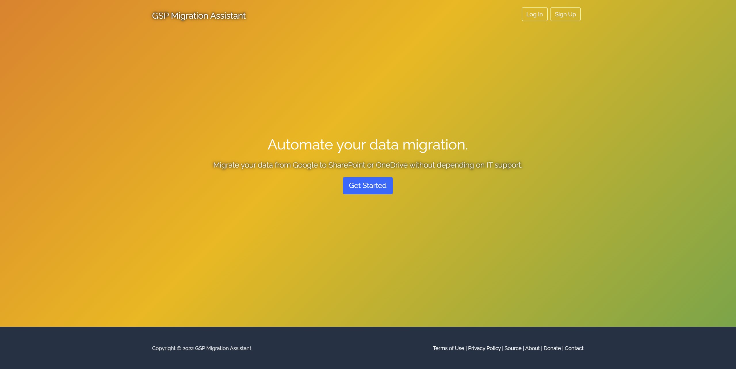 screenshot of migration assistant web app homepage