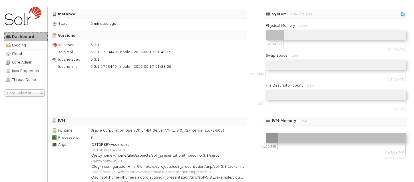 Solr dashboard