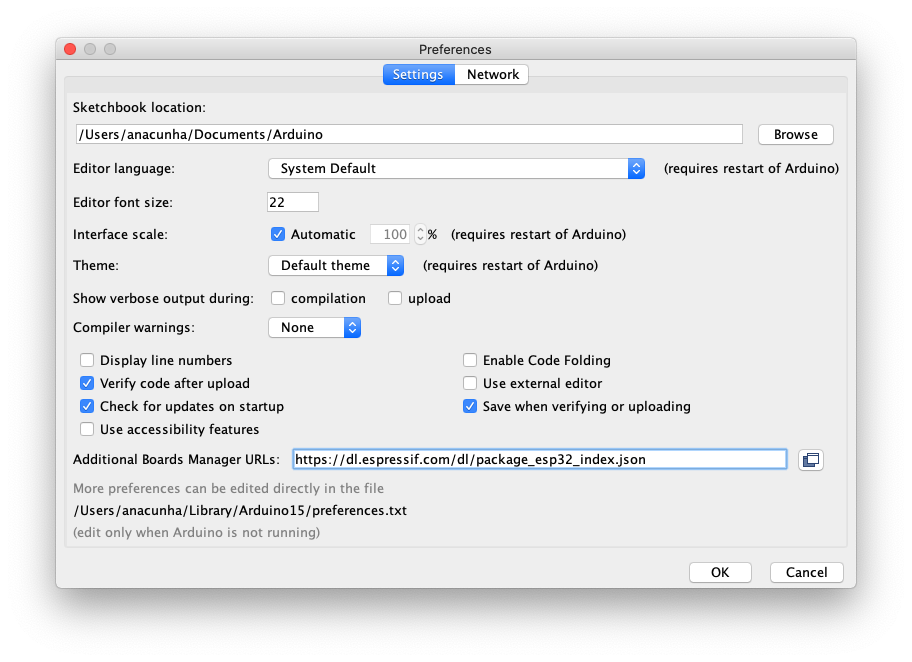 Additional Boards Manager URLs on Arduino IDE Preferences