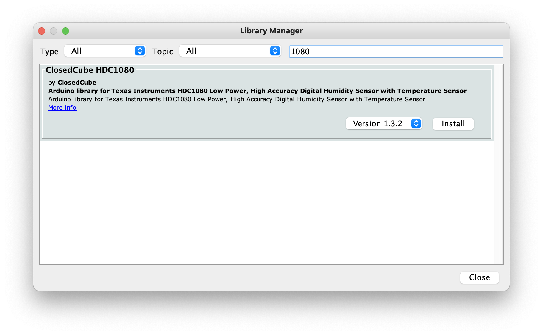 Install ClosedCube HDC1080 library on Arduino IDE Library Manager