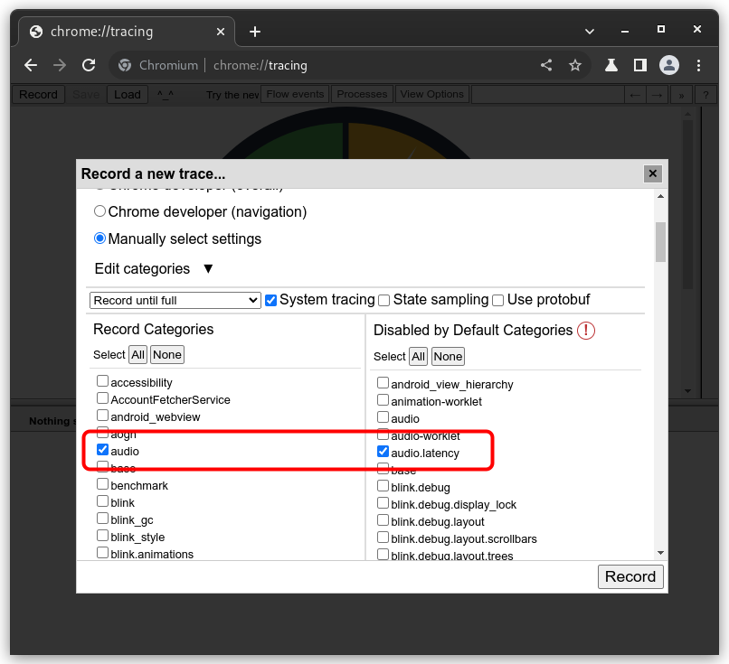 Selecting tracing categories