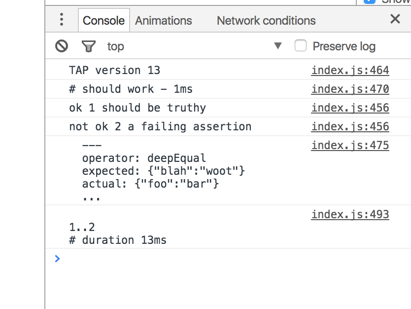 tap output in the browser console