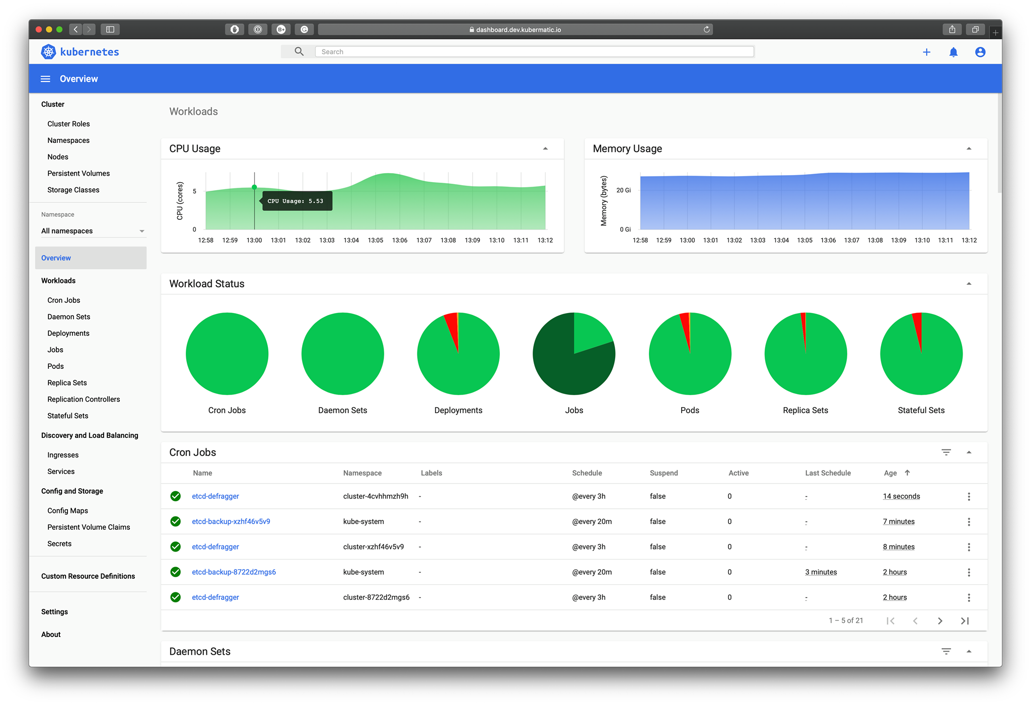 Dashboard UI workloads page