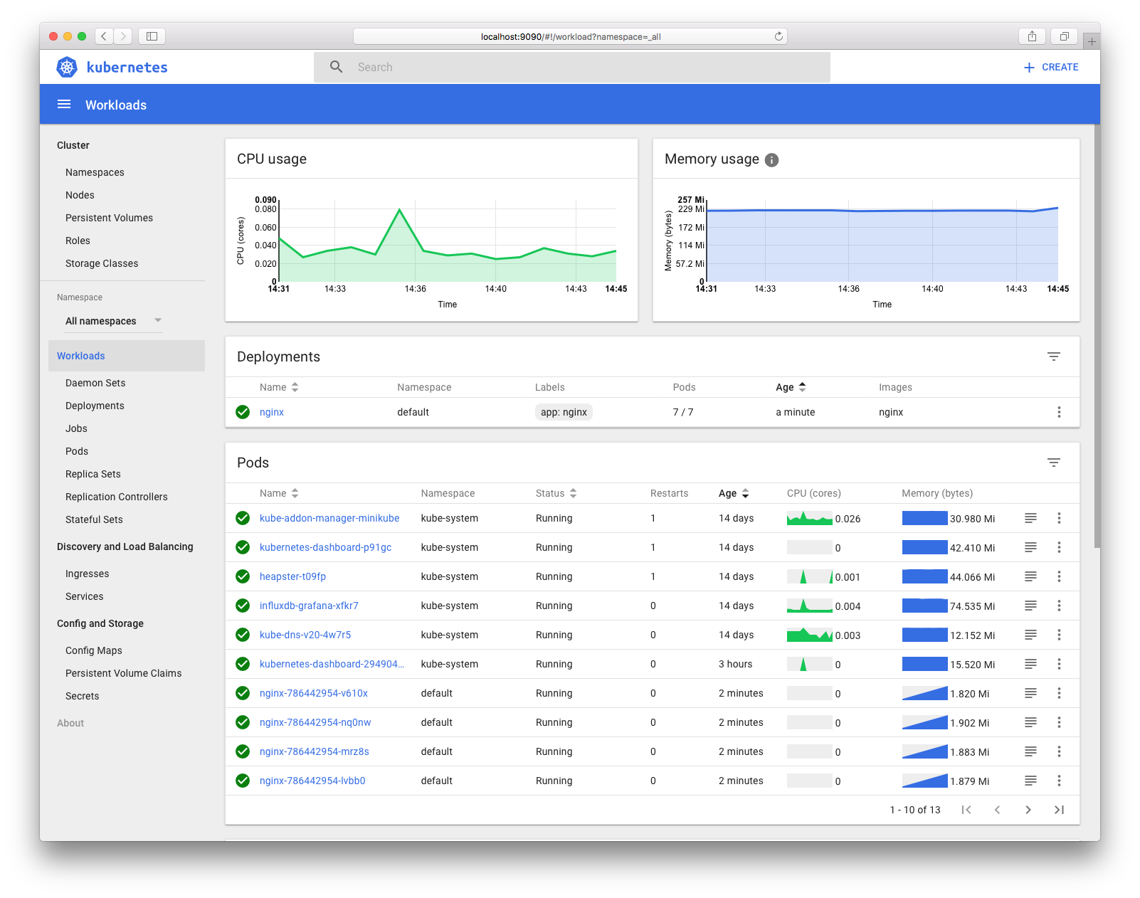 Dashboard UI workloads page