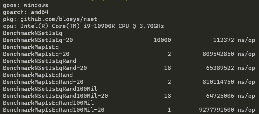 Benchmarking IsEq with 10 and 100 million elements