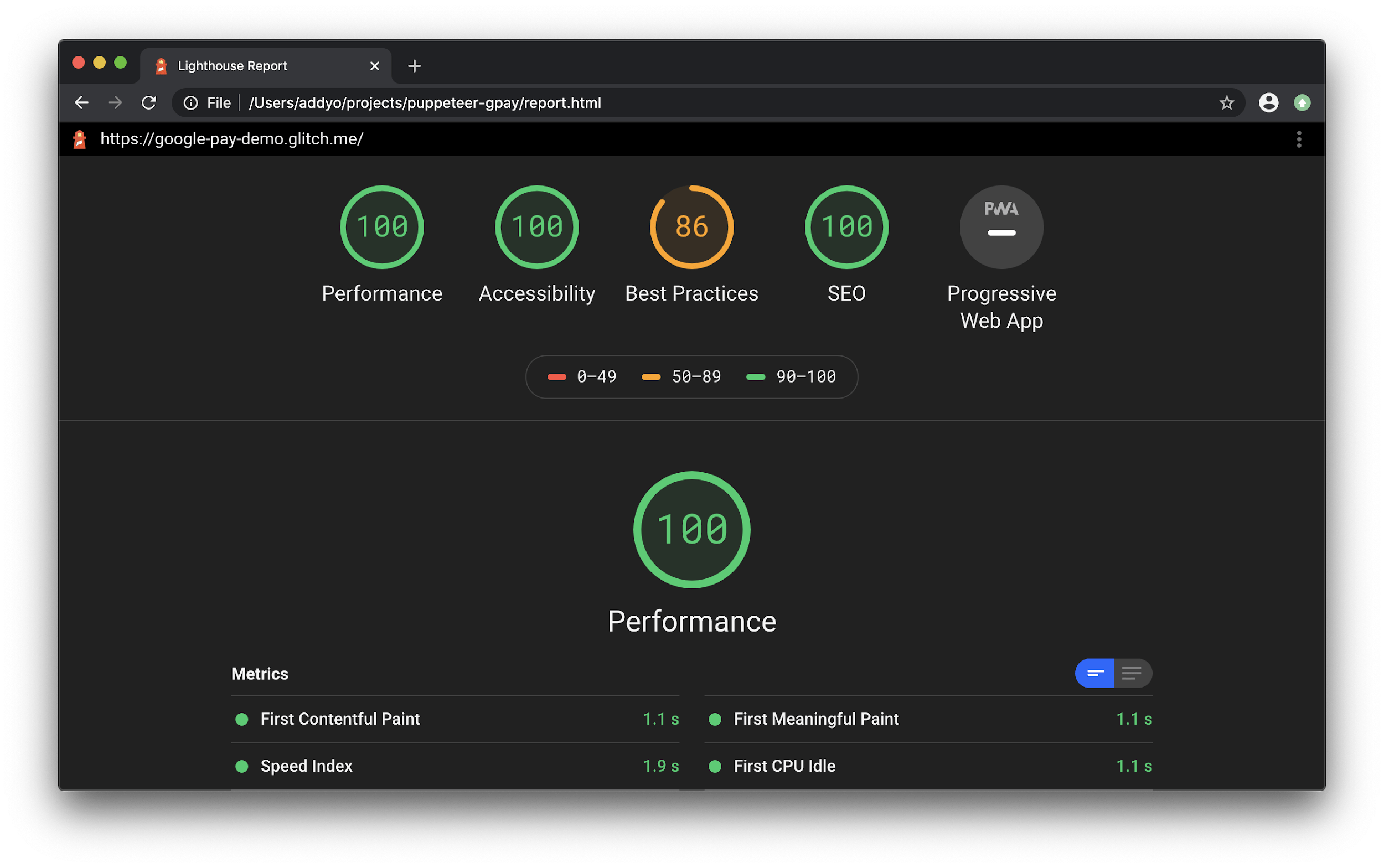 Lighthouse report generation from Puppeteer