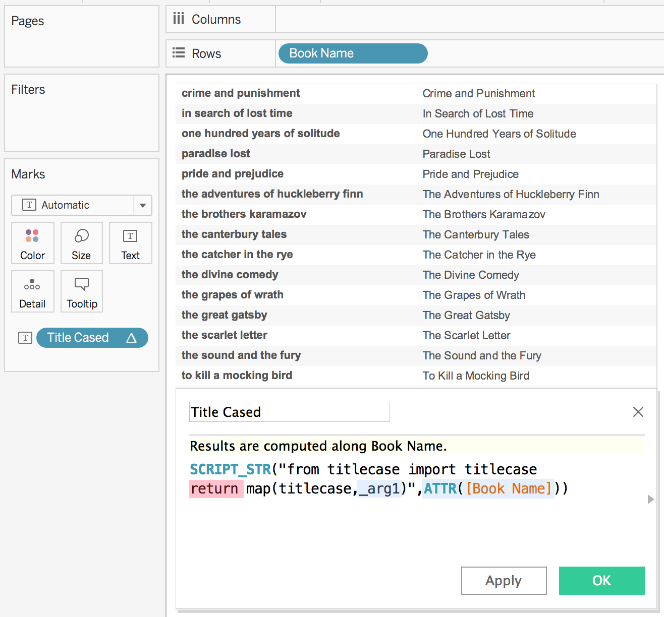 A simple example of a Python calculated field in Tableau Desktop