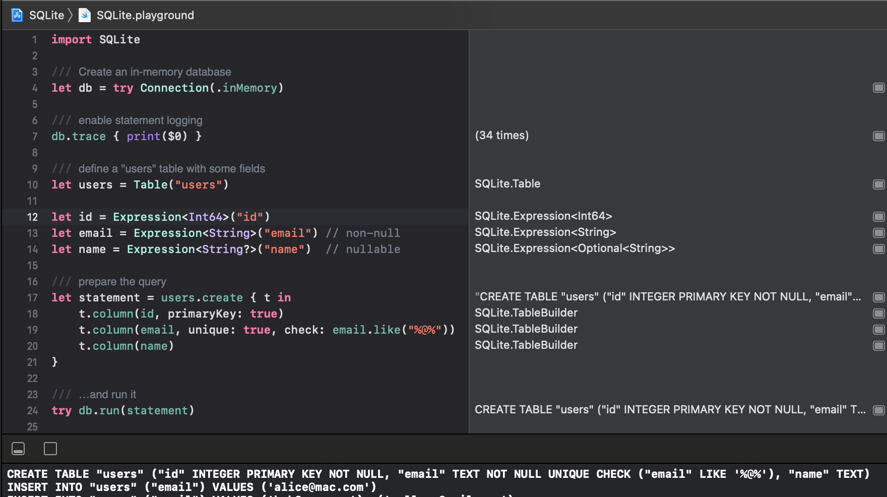 SQLite.playground Screen Shot