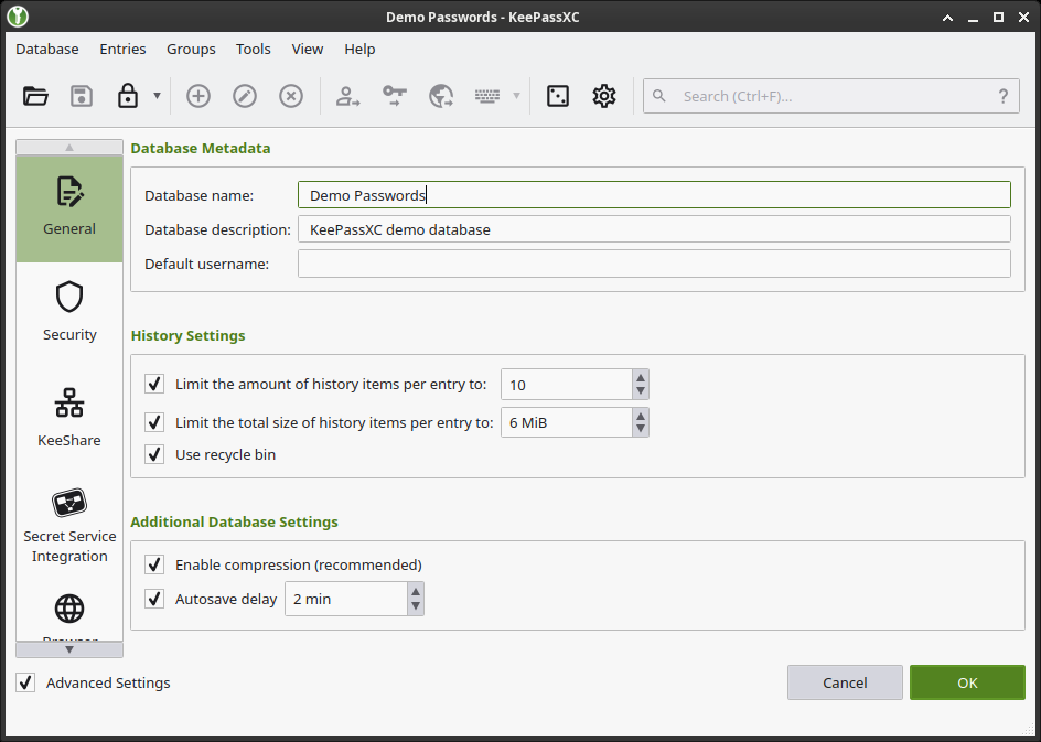 database settings