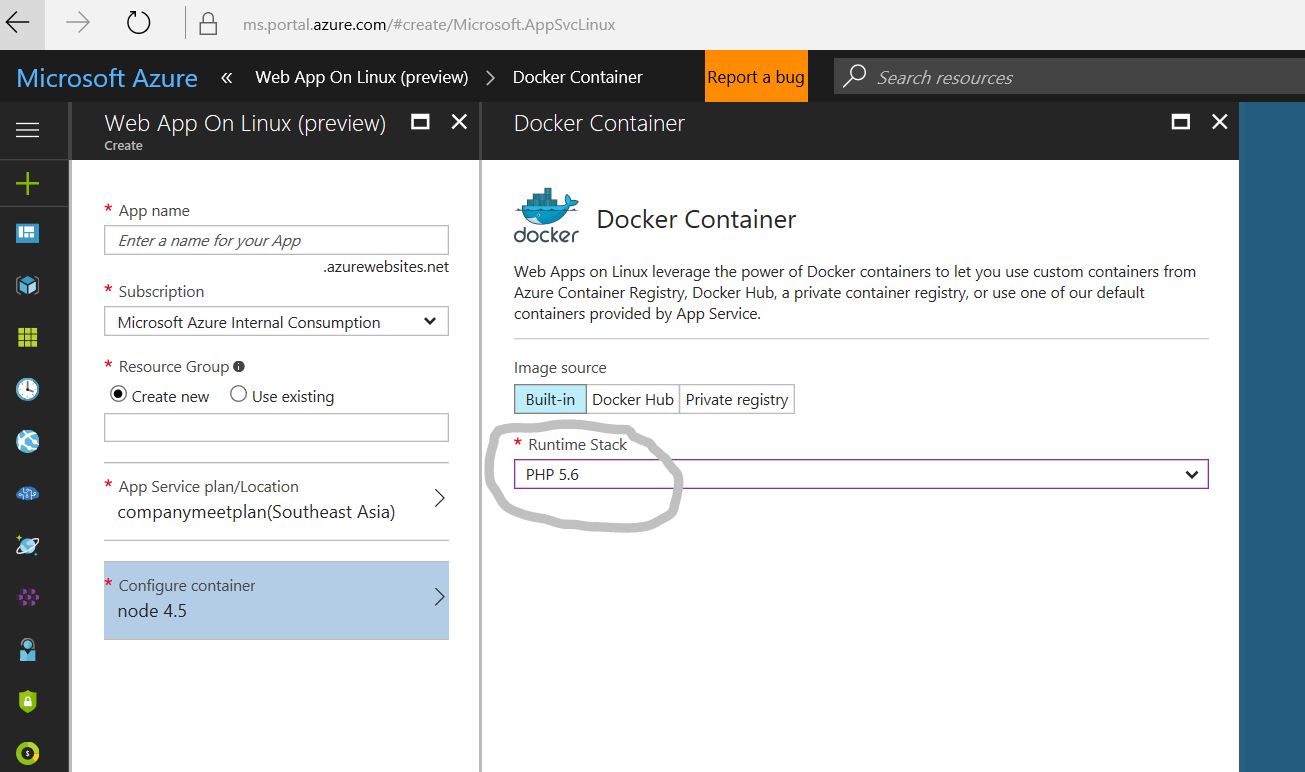 PHP App Service Select runtime stack