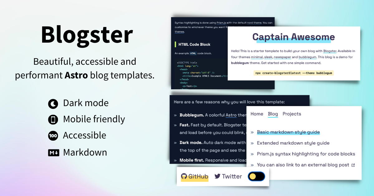 Blogster - Beautiful, accessible and performant Astroblog templates.