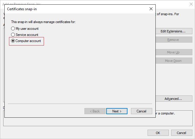 Add certificates snap-in for computer account