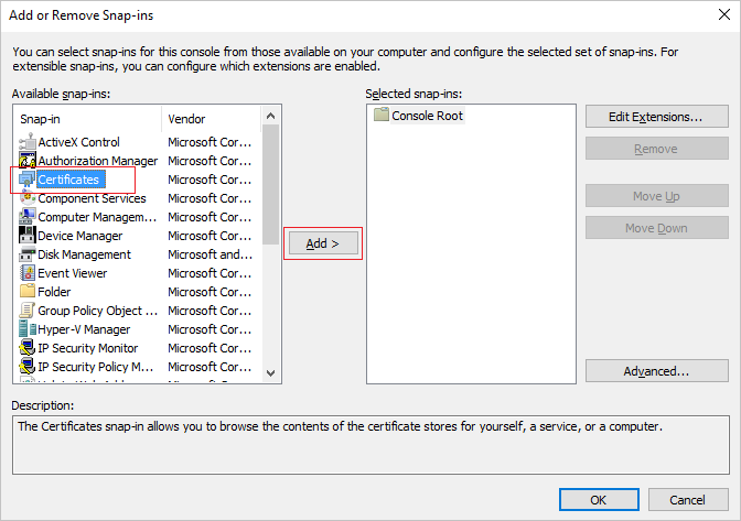 Add certificates snap-in to MMC console