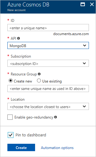 Screen shot of the New Azure Cosmos DB blade