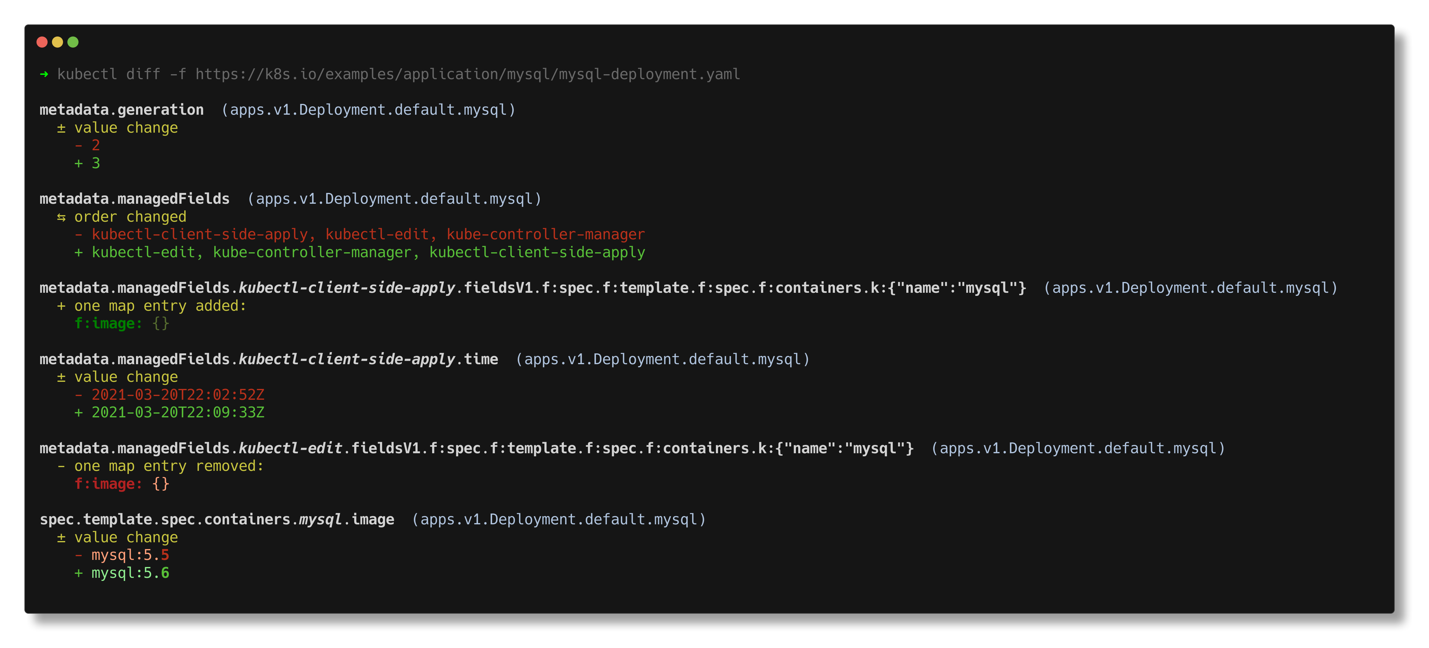 dyff between example with kubectl diff