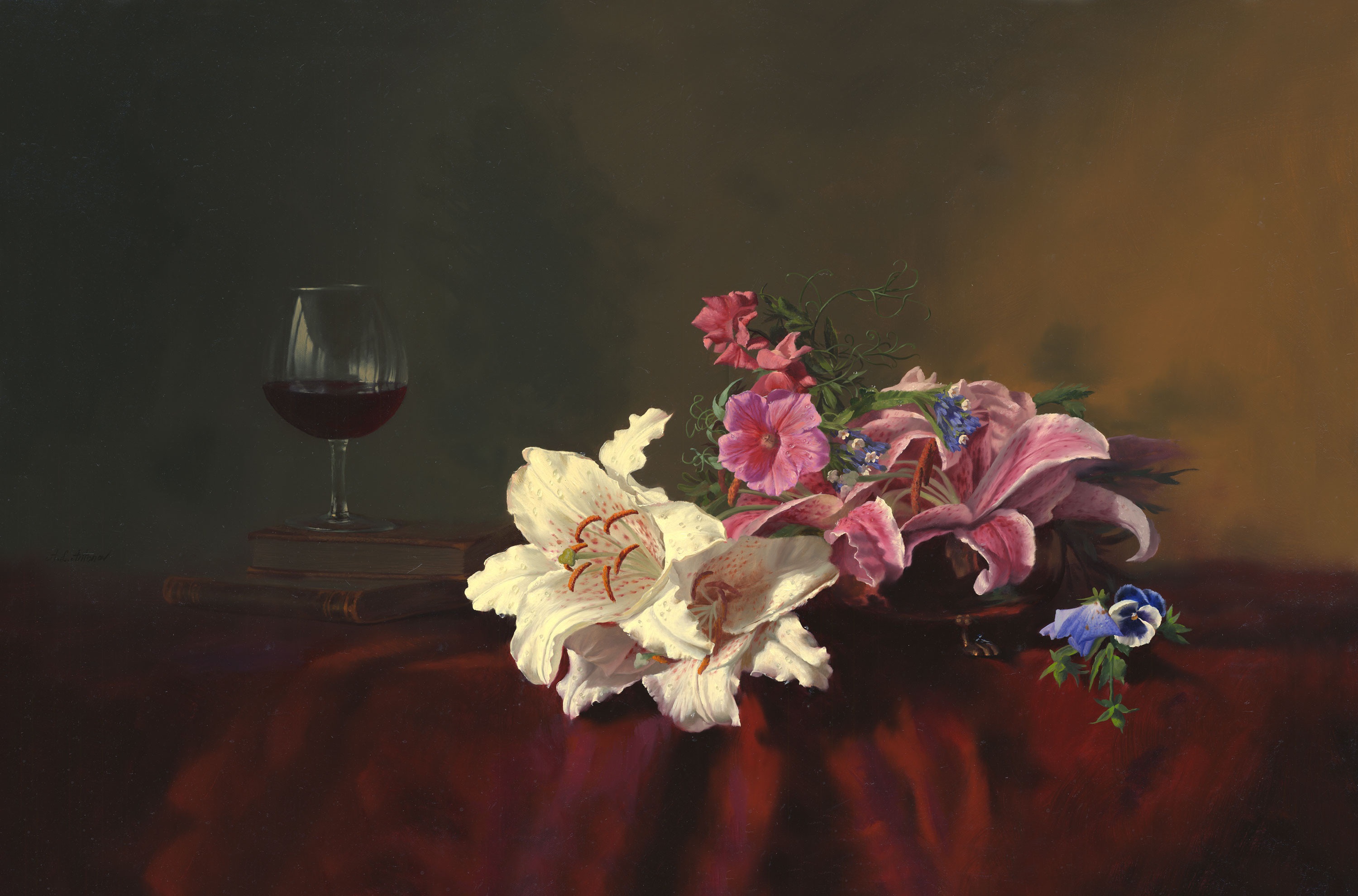 a_painting_of_flowers_and_a_glass_of_wine