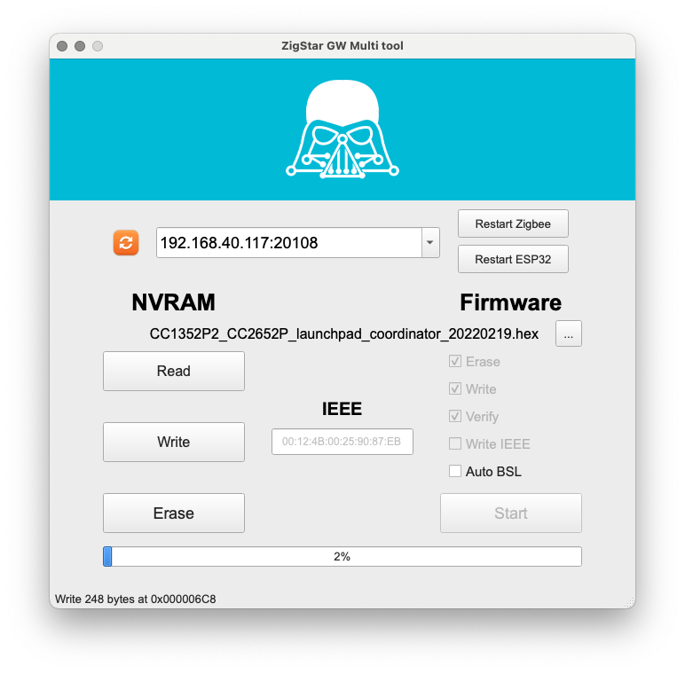 ZigStar MultTool Configuration for cod.m CC2652P2 ZigBee Coordinator