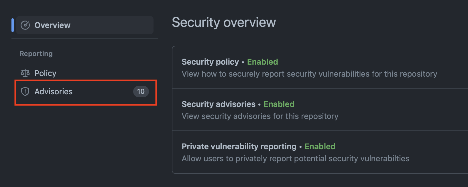 Github Advisories tab