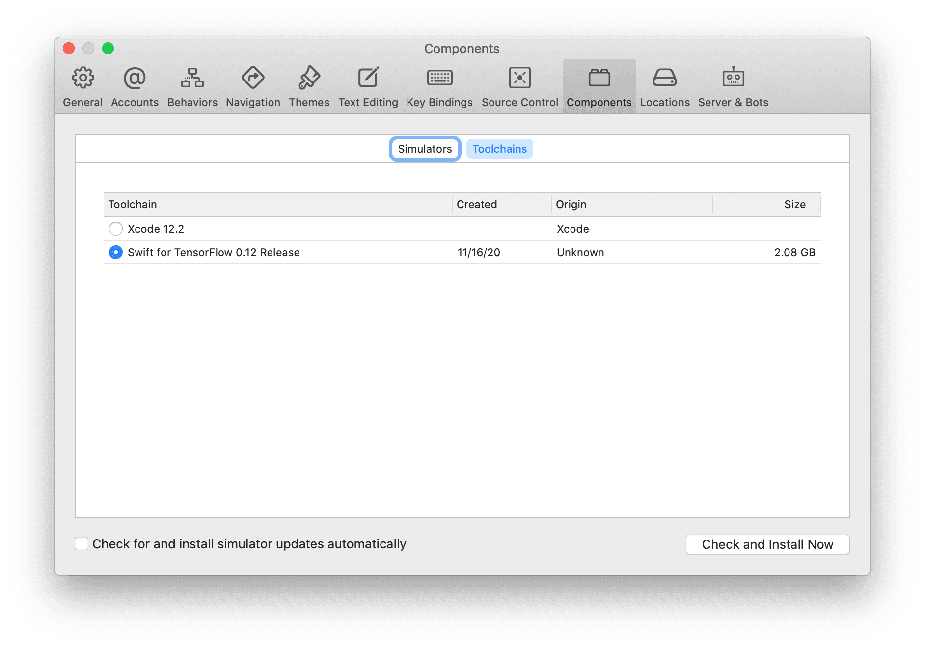 Select toolchain in Xcode preferences.