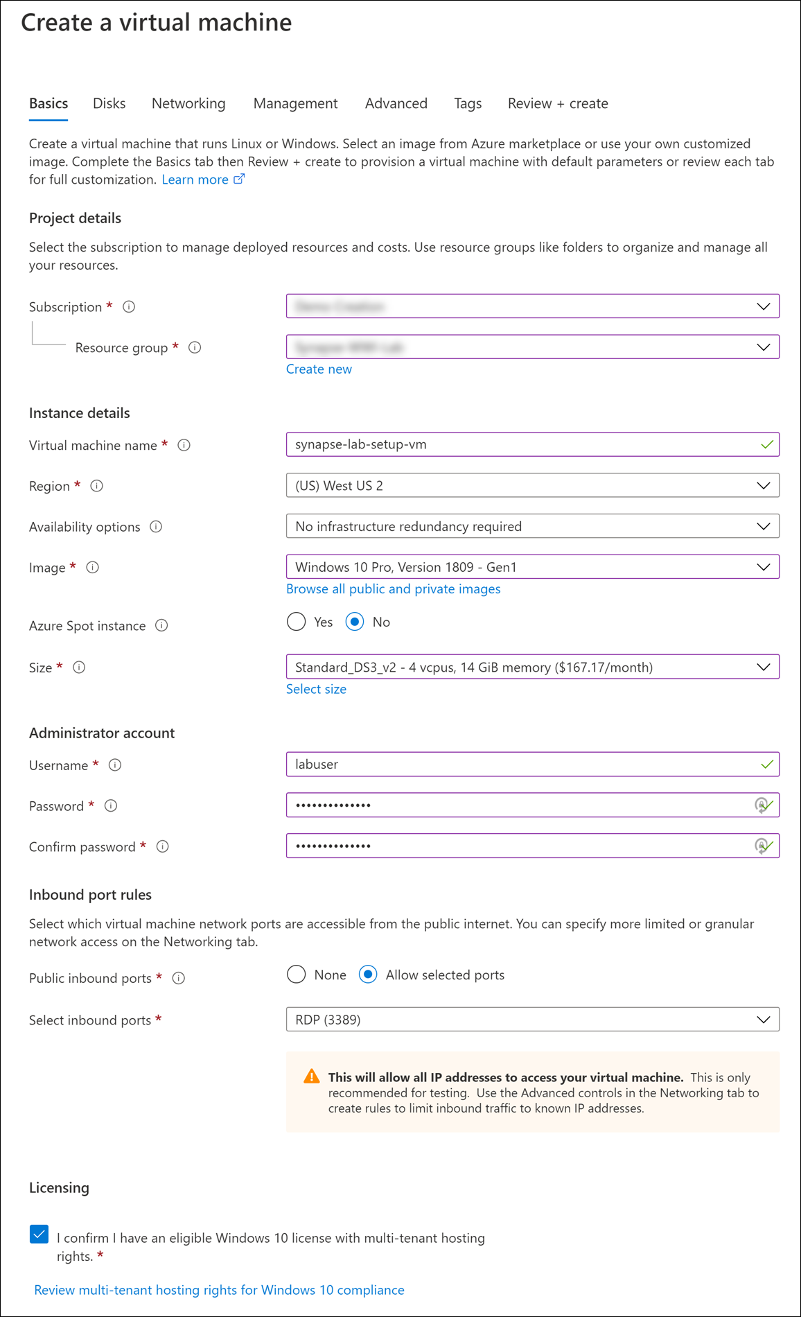 The form fields are completed with the previously described settings.