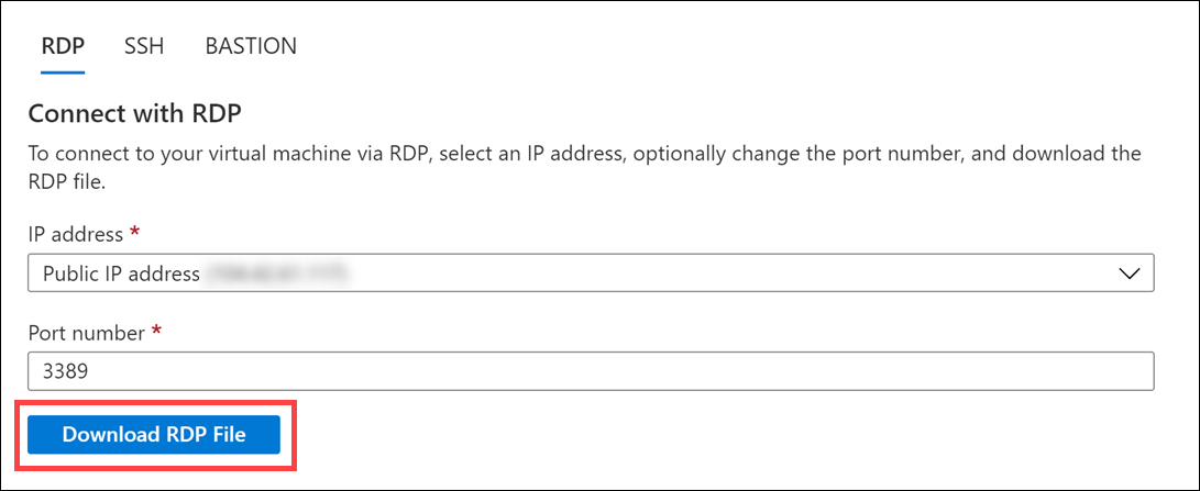 Download the RDP file to connect to the Power BI virtual machine.