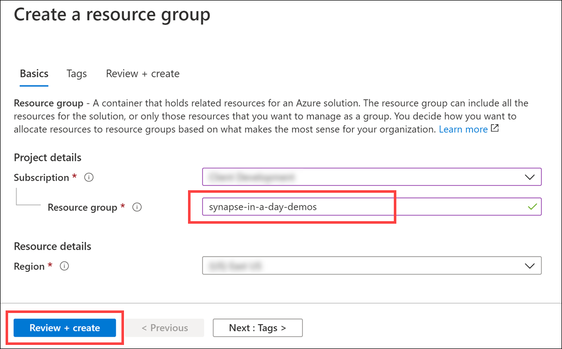 The Create a resource group form is displayed populated with Synapse-MCW as the resource group name.