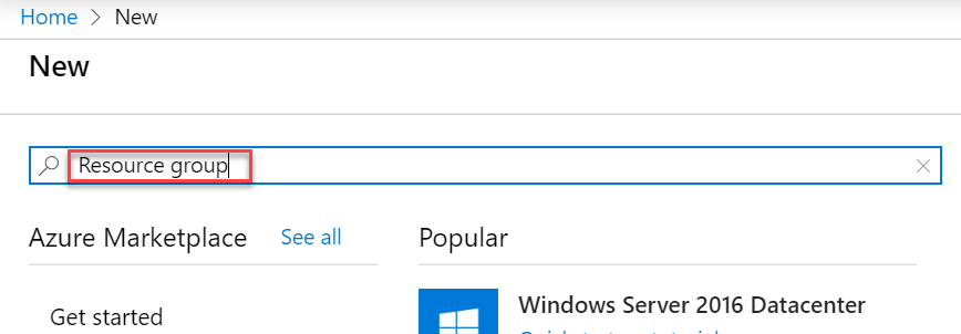 On the new resource screen Resource group is entered as a search term.