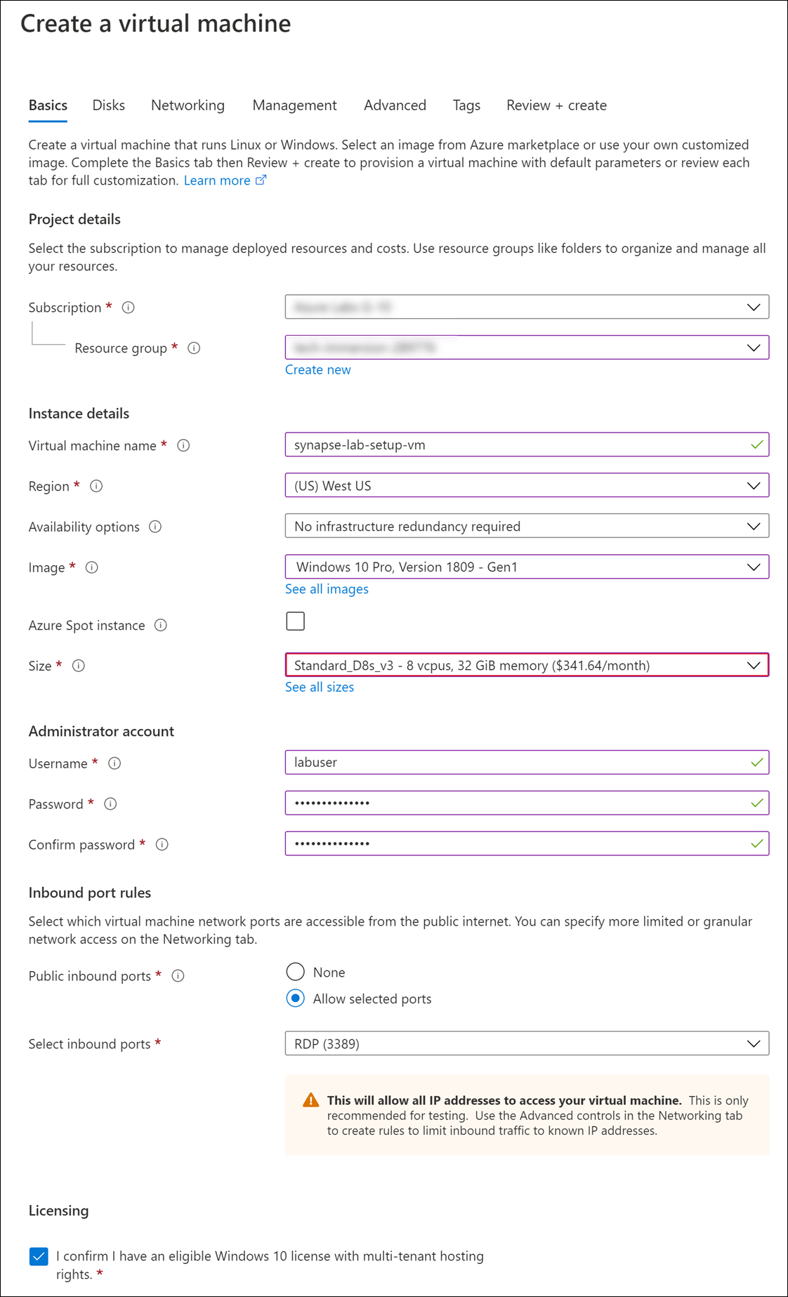 The form fields are completed with the previously described settings.