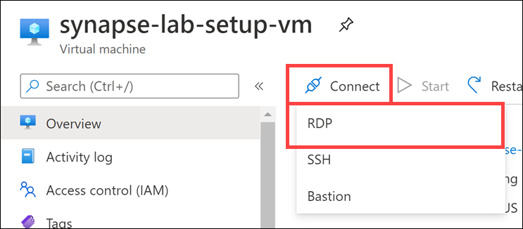 The option to connect to the virtual machine via RDP is selected.