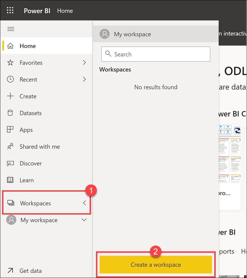 The Workspaces menu item and Create a workspace button are highlighted.