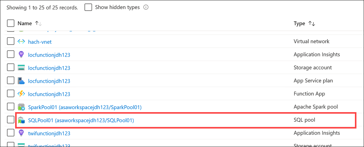 The SQL pool is highlighted.