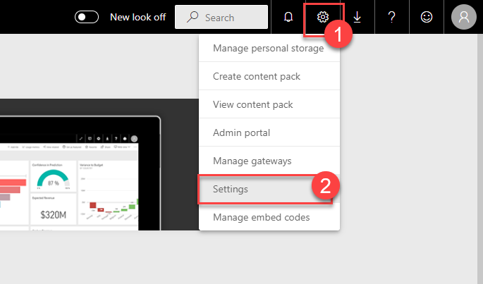 The settings button on the Power BI portal clicked and the Settings selection on the context menu selected.