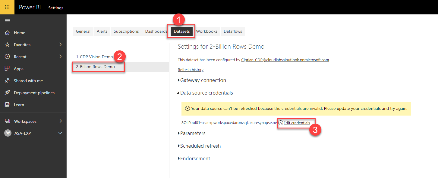 The datasets tab is selected. From the list of datasets 2-Billion Rows Demo is selected. Edit credentials will be selected next. 