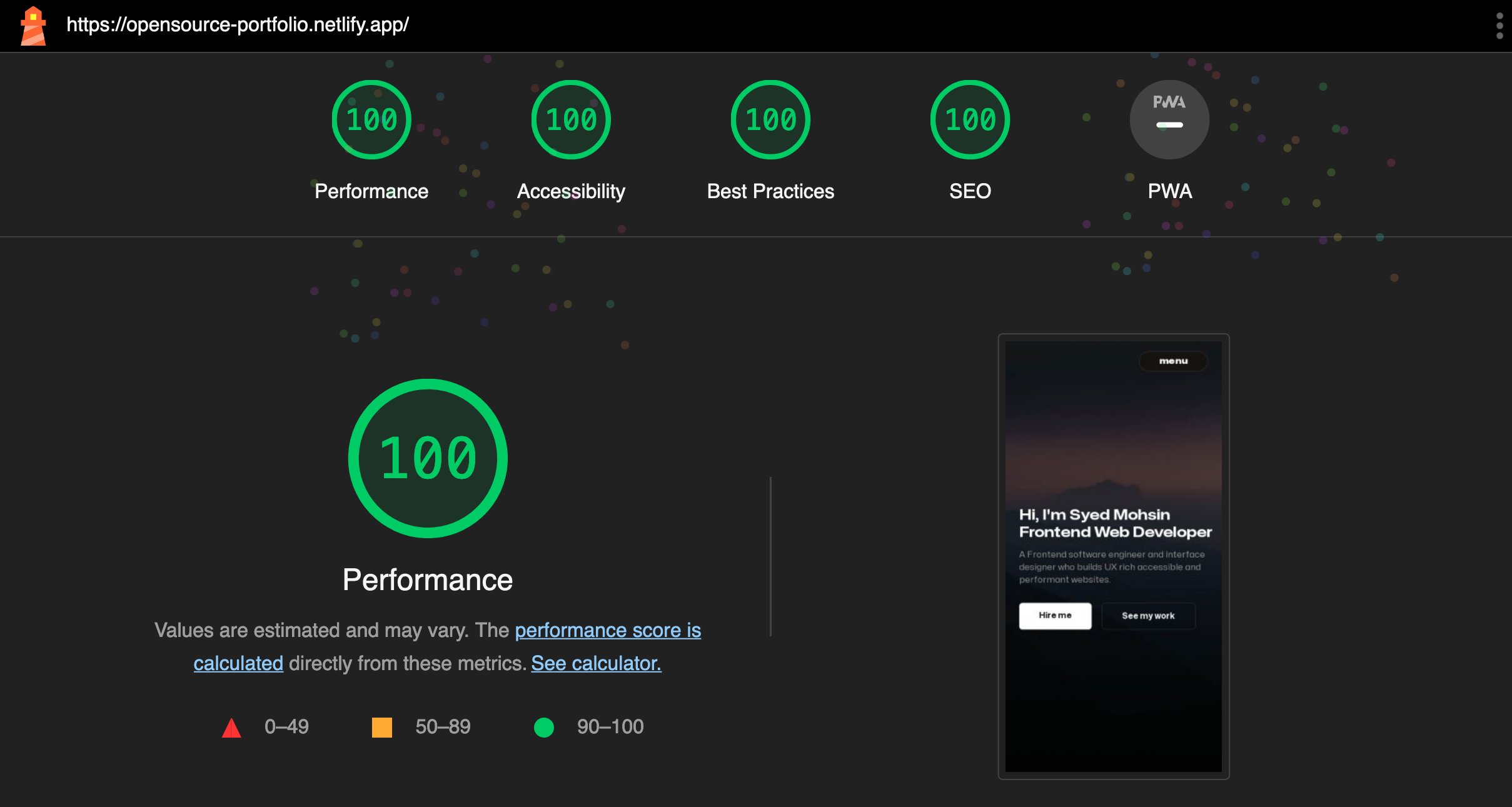 lighthouse report with 100% scores