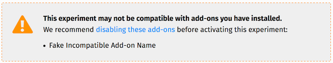 Warning shown to users with incompatible add-ons installed and enabled
